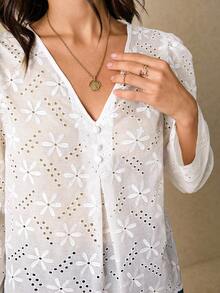 Poéselle Women's Shirts Embroidered Shirts Shell-Edge Shirts White Shirts Long-Sleeved Shirts Women's Elegant Commuter Solid Color Hollow Embroidery Blouse Fall Clothes For Women Autumn Clothes Fall Outfits For Women Women's Winter Clothes - White - View 5