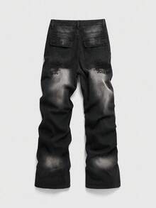 ROMWE MEN Goth Men's Casual Washed Embroidered Denim Jeans - Black - View 2