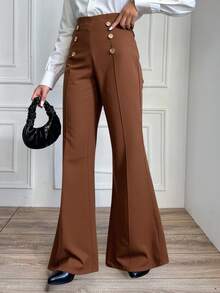 EURMUSE Women's Solid Color High Waist Double-Breasted Flare Leg Pants - Brown - View 5