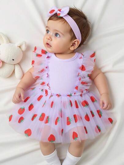 SHEIN 女婴草莓网眼芭蕾舞裙连体衣，带 3D 草莓发饰，拍照装
