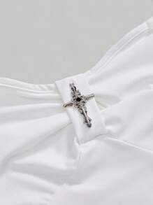 ROMWE Women's Lace Patchwork Asymmetrical Hem Lace Trim Halter Tie Flare Sleeve Fitted T-Shirt - Black - View 3