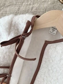 SHEIN 年轻女孩系带撞色饰边，秋冬保暖长袖，法兰绒系带撞色饰边蝴蝶结外套，适合玩耍、日常穿着、上学 - 杏色 - 查看 4