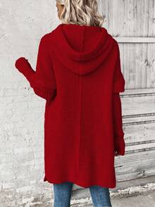 EMERY ROSE Áo len dệt kim dáng rộng có mũ trùm đầu, viền xẻ tà, màu trơn dành cho nữ, mùa thu - Đỏ - Xem 2
