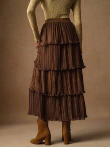 Vesra Fustă plisată cu talie elastică la modă pentru femei, culoare solidă, model tort - Maro - Vizualizare 2