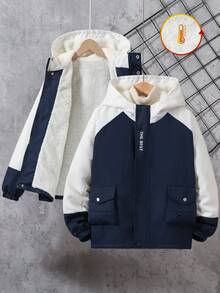 1pc Teen Boys' Autumn/Winter Fleece Lined Cargo Pocket Contrast Color Sleeve Outdoor Casual Windproof Jacket Fall