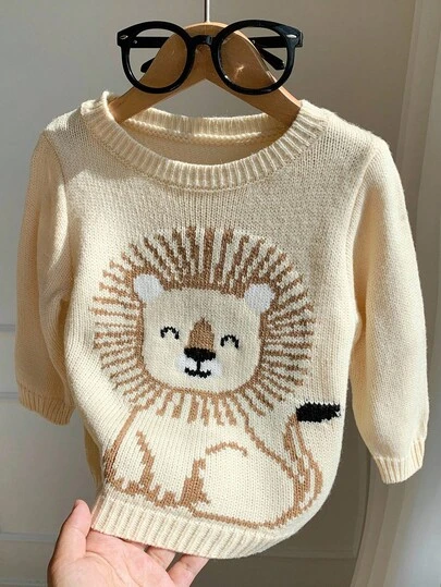 SHEIN Suéter de cuello redondo de manga larga con estampado de león lindo, suave y cómodo para uso casual diario, adecuado para interior, exterior, diario, deportes, juegos, fiestas, fotografía, vacaciones, otoño/invierno para bebé niño, bebé niña, bebé