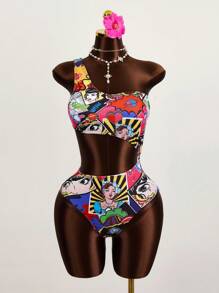 Zestiva Summer Beach Random Pop Art Print Cut Out One Shoulder One Piece Swimsuit - Multicolor - View 5
