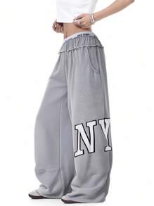 SHEIN Explorewe 少女字母印花松紧腰口袋阔腿宽松休闲运动裤 - 灰色 - 查看 8