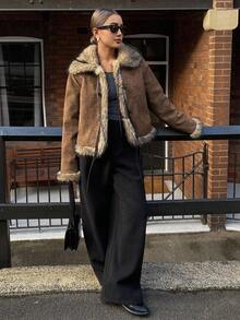 DAZY 女式仿毛领拼接绒面革宽松休闲街头厚外套，秋冬夹克 - 咖啡棕 - 查看 3