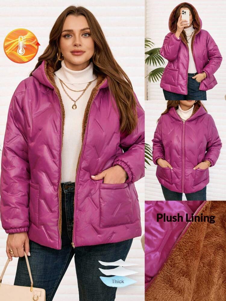 Plus Size Casual Thermal Lined Hooded Jacket, Versatile For Winter, Autumn/Winter,2025 New