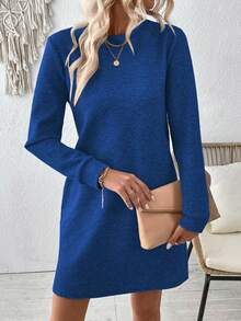 EMERY ROSE 休闲纯色常规长袖连衣裙 - 藍色 - 查看 3