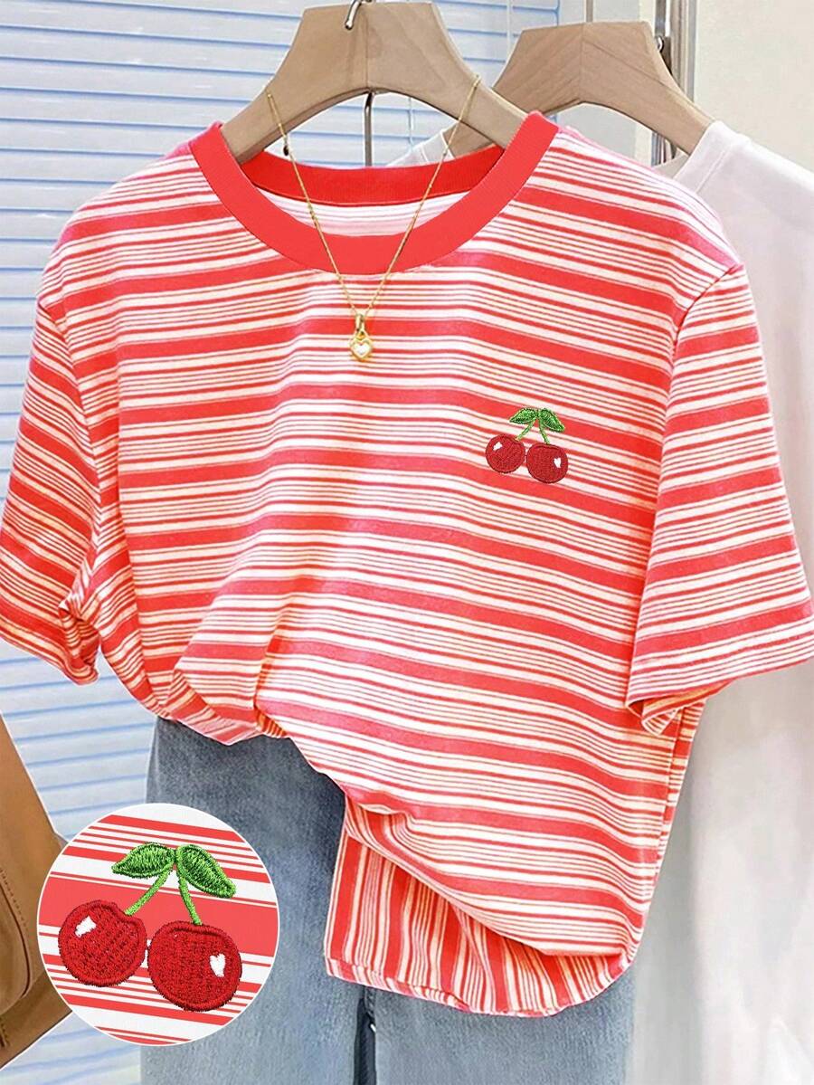 SHEIN Áo thun cổ tròn đơn giản thêu họa tiết anh đào sọc nhiều màu, quà tặng cho bạn bè - Nhiều màu - Xem 1