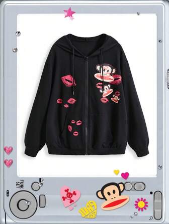 Paul Frank X ROMWE Logo Print chiusura lampo-Up Drawstring Hoodie, Stile Scolastico, Cortile Lungo Per Donne