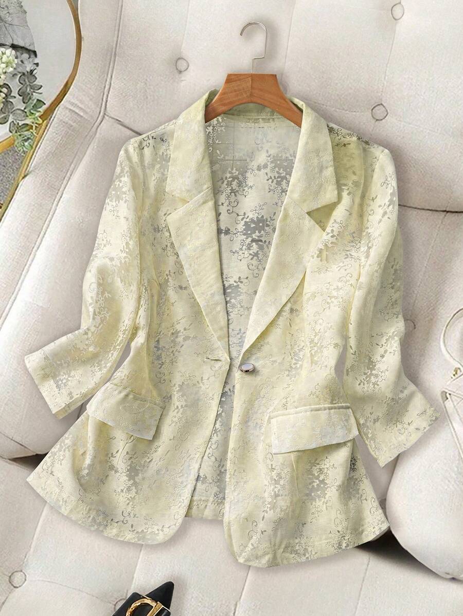 GlowEve CURVE 优雅OL风格提花面料女式西装外套 - 淡黃色 - 查看 1