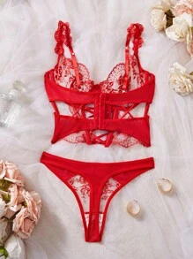 Myrelith 2pcs Sexy Sheer Embroidery Mesh Lingerie Set For Going Out