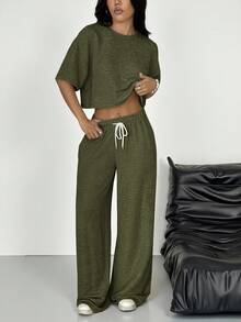 SHEIN EZwear 橄榄绿针织女式圆领落肩休闲上衣和裤子套装 - 軍綠色 - 查看 3