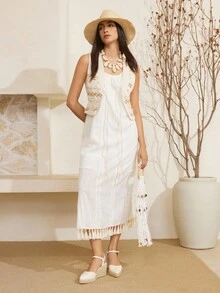 Styleloop Giày vải canvas quai ngang mắt cá chân đơn giản cho nữ, dây chun khi đi nghỉ, khóa kéo phía sau, da giả mũi tròn, khóa kim loại rỗng, đế dày dệt màu đen, dép xăng đan đế xuồng cho kỳ nghỉ - Màu be - Xem 3