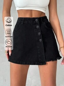 EURMUSE 100%Cotton SHORT WITH SKIRT BUTTON RAW EDGE - Black - View 1