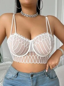 SHEIN 1pc Plus Size Mesh Patchwork Underwire Bra, Lift - White - View 5