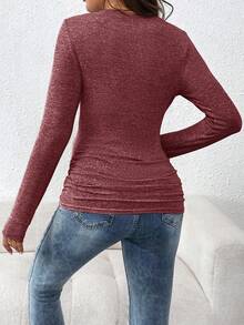 SHEIN 孕妇纯色圆领长袖修身休闲百搭T恤 - 紅色 - 查看 2