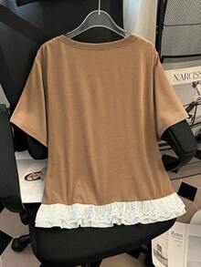 Franclia Plus Size White Lace Trim Casual Vacation & Commute Chic T-Shirt - Khaki - View 2
