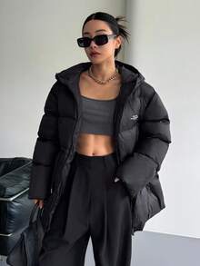 DAZY 休闲字母印花连帽宽松女士棉服外套冬季夹克 - 黑色 - 查看 4