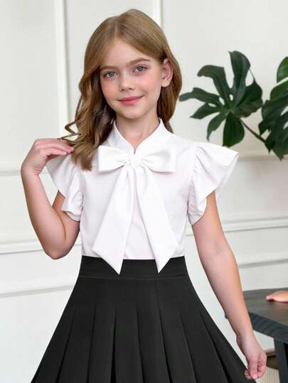 SHEIN Serisse Kids Blusa de niña preadolescente de unicolor con volantes, decoración de lazo, casual y elegante, ideal para el estilo francés de vacaciones, blusa, vuelta al colegio