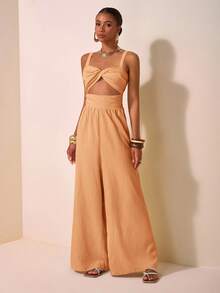 Zivah 2025新款春夏休闲度假扭纹吊带镂空后背纹理面料女长款阔腿裤卡其色婚礼季音乐节派对街头沙滩海边度假波西米亚风-A - 咖啡棕 - 查看 7