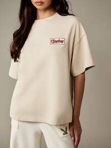 Missguided x Playboy Oversized Crew Neck Short Sleeve Cotton Tee With Logo Detail Casual Comfort Everyday Essential - Khaki - View 6
