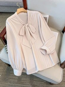 Regalyn New Plus Size Women's Elegant Business Elegant Bowknot Collar Solid Color Blouse Top, Versatile For Daily Wear, Minimalist Design With Fashionable Pleats, Slimming And Stylish Fall Cloth For Women