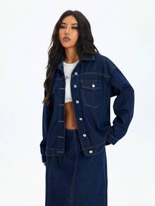 SHEIN Loose Casual Women's Blue Versatile Front Button Fashion Denim Jacket