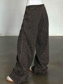 Livesso 女士时尚豹纹宽松休闲牛仔裤 - 棕色 - 查看 2
