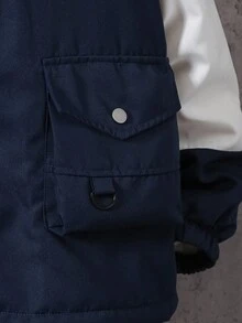 1pc Teen Boys' Autumn/Winter Fleece Lined Cargo Pocket Contrast Color Sleeve Outdoor Casual Windproof Jacket Fall