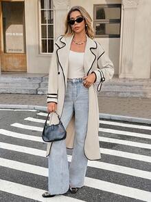 SHEIN Frenchy Women's Contrast Trim Drop Shoulder Double Breasted Fashion Trench Coat In Fall/Winter Casual - Apricot - View 7