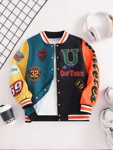 PAVTROS 1pc Tween Boy Casual Colorful Patchwork Contrast Color Printed Jacket, Suitable For Street Wear Fall Winter