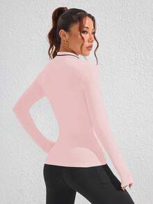 SHEIN Sovereign Charm Áo thun polo thể thao tay dài in chữ cho nữ, khóa kéo nửa thân, màu hồng, áo tập gym tay dài, áo thể thao, áo tập luyện màu hồng, áo tập gym tay dài cho nữ, áo tập luyện tay dài màu hồng, áo thể thao, màu hồng - Màu Hồng baby - Xem 2