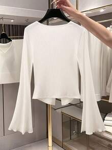 GlowEve Women's Autumn Simple Front Button Flare Sleeve T-Shirt Fall Cloth For Women - White - View 2