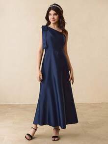 少女斜肩束腰蝴蝶结优雅派对、婚礼、万圣节、圣诞节连衣裙 - 藍色 - 查看 3