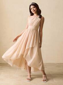 少女细肩带腰部荷叶边下摆优雅派对连衣裙，适合万圣节、圣诞节 - 杏色 - 查看 4