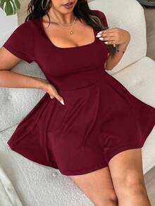 Solflare 酒红色加大码女式方领短袖口袋连体裤 - 酒紅色 - 查看 7