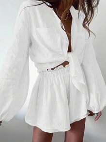 Chiquease 2 pièces Ensemble short et chemise à volants de couleur unie décontracté