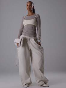 MUSERA 修身褶皱侧边叠层长袖抹胸上衣，优雅夜间外出秋季性感可爱酷女孩街头风，奶油黄黎明春日 - 卡其色 - 查看 4