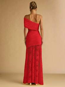 SHEIN BAE 女式纯色蕾丝拼布不对称领口连衣裙 - 紅色 - 查看 2