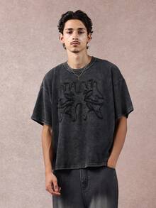 SUMWON 超大号压花哥特十字图案 T 恤另类风格深色垃圾摇滚街头服饰都市时尚复古水洗棉秋冬休闲 - 黑色 - 查看 5