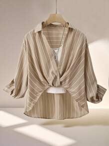 Franclia 2 pièces Ensemble de chemise sans manches rayée décontractée et chemise à manches longues pour femmes - Multicolore - Voir 2