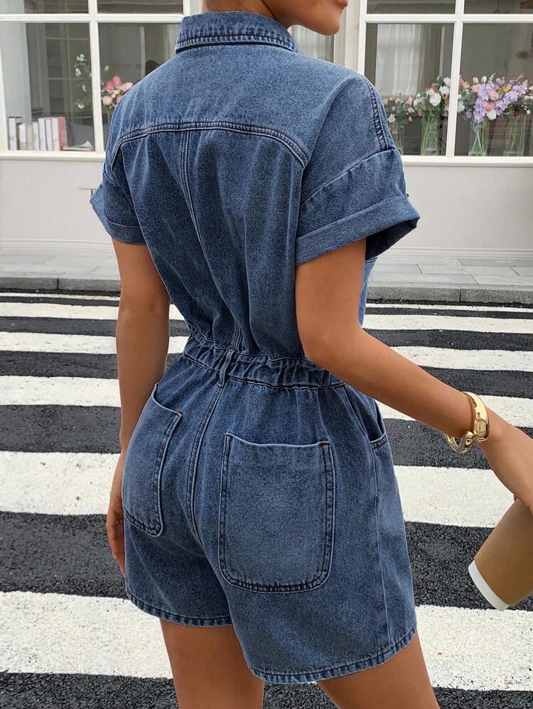 Women's Short Sleeve Single-Breasted Dual Pocket Casual Denim Shirt Jumpsuit