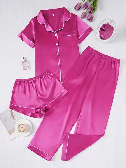 LuxeNights Contrasting Faux Zijden Lapel Sleepwear Set view 6