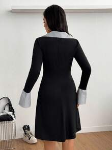 Women's Casual Commuter Striped Patchwork Mini Dress - Black - View 2