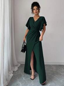 Elenzga Ruffled Sleeve V-Neck Waist Fitted Mermaid Hem Elegant Romantic Women Dress - Army Green - View 6