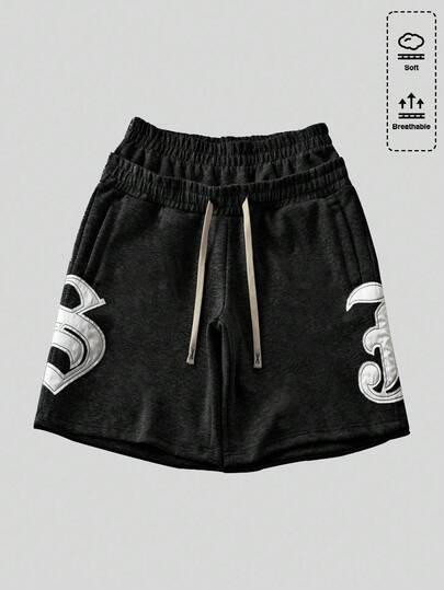 Street Life شورت رجالي فضفاض كاجوال مع جيوب وقطعة مطرزة، خصر مزدوج الطبقة